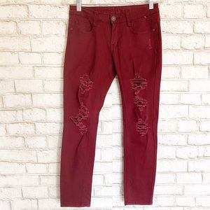 Machine Burgundy Distressed Mid Rise Skinny Jeans